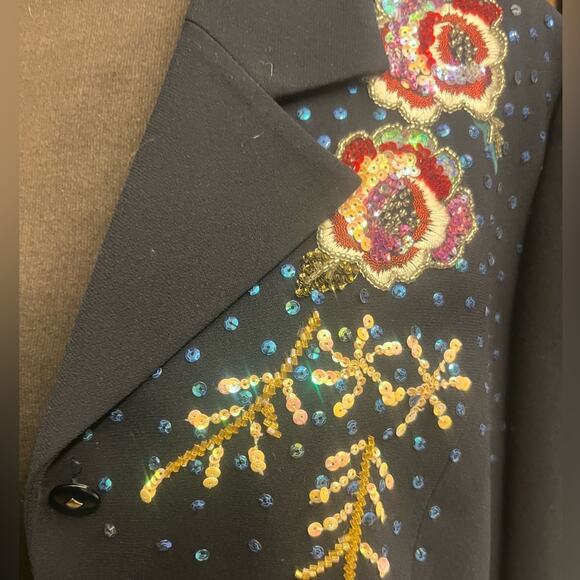 Vtg Black Floral Sequin Boho Glam Artsy Eclectic Party Shirt Jacket Shacket 2X - Picture 7 of 9